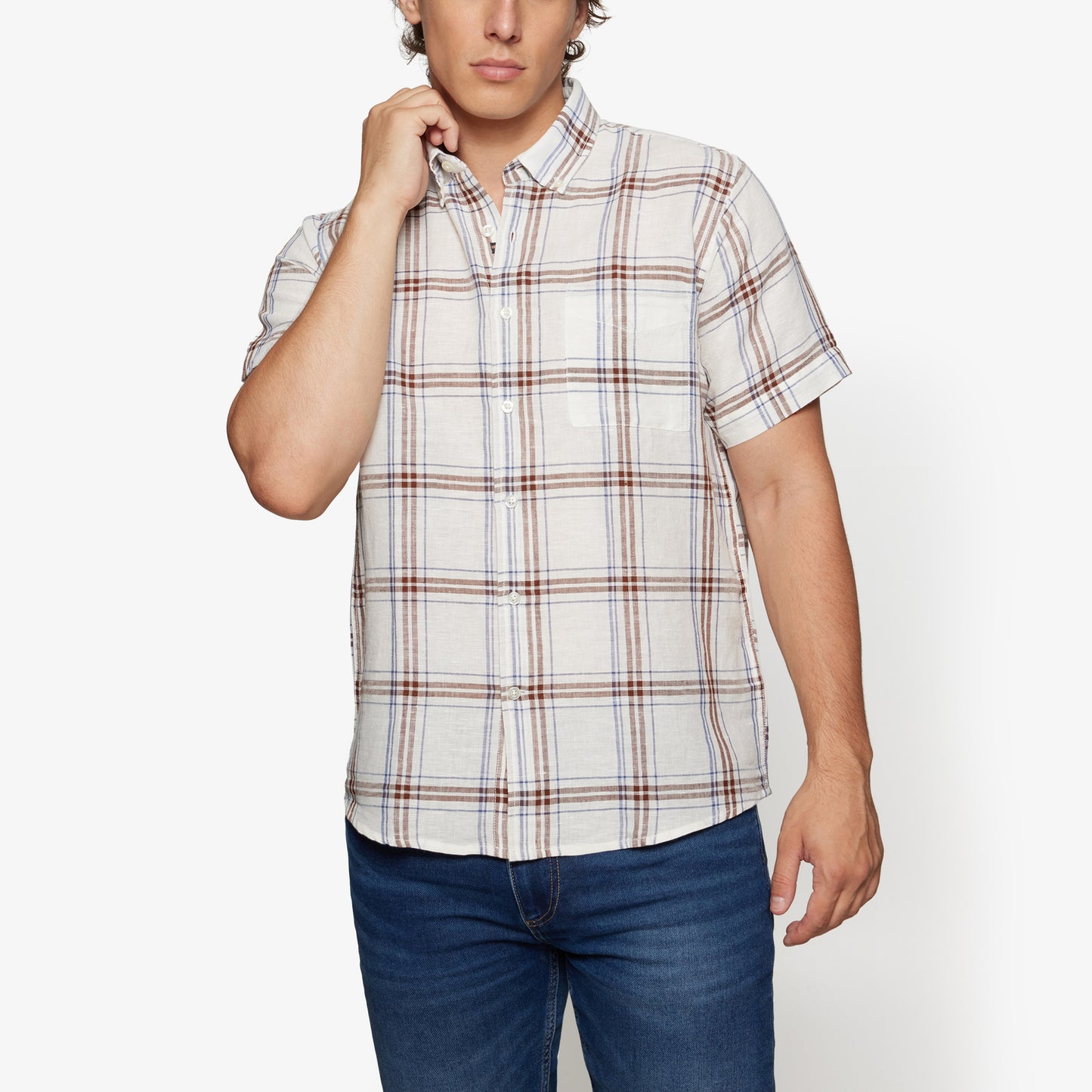 HuginSi Lin Check S/S Shirts - Ivory Cream