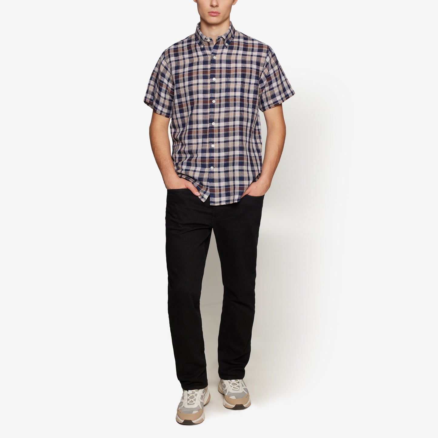 HuginSi Lin Check S/S Shirts - Blue Captain