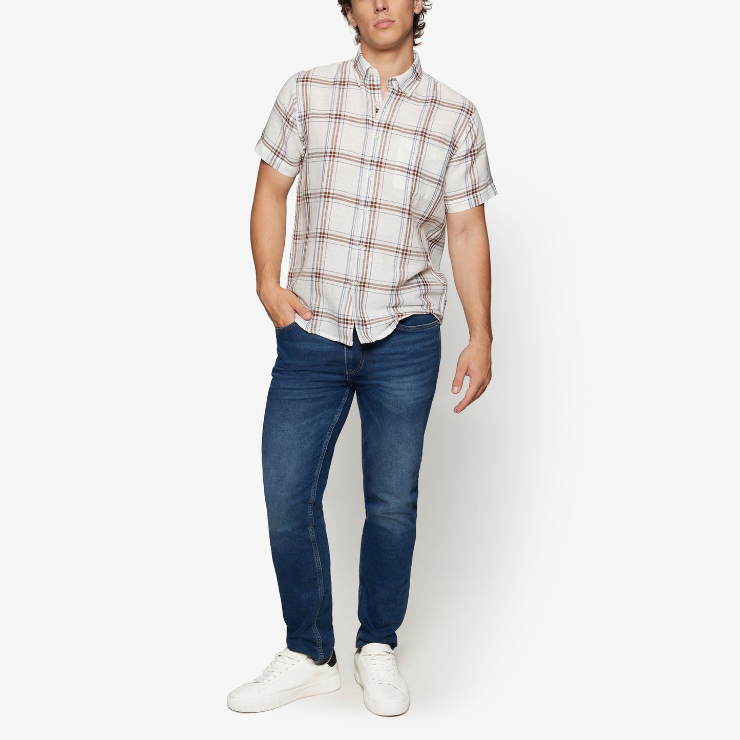 HuginSi Lin Check S/S Shirts - Ivory Cream