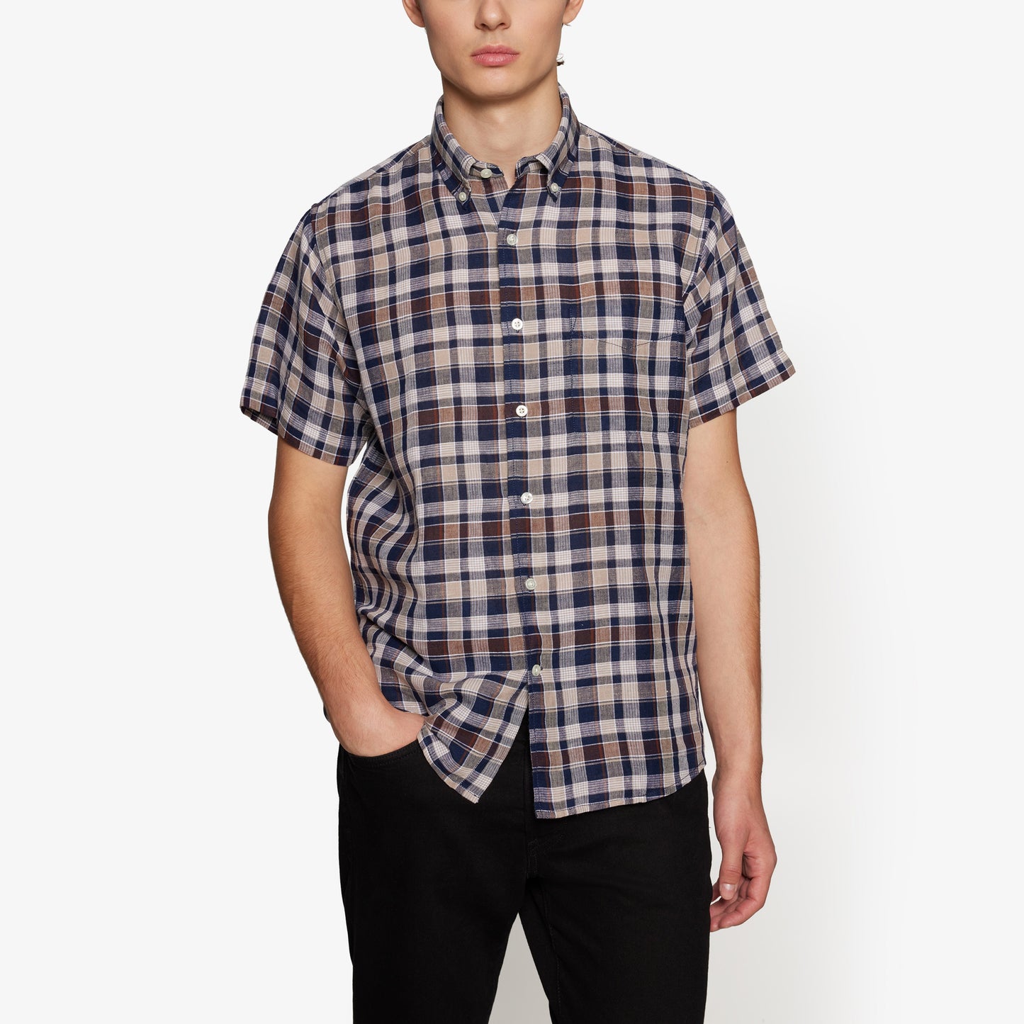 HuginSi Lin Check S/S Shirts - Blue Captain