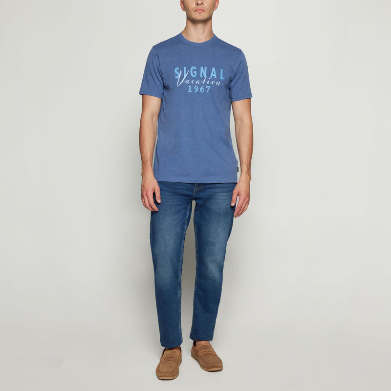 FinnSi Front Print Tee + - True Blue Melange